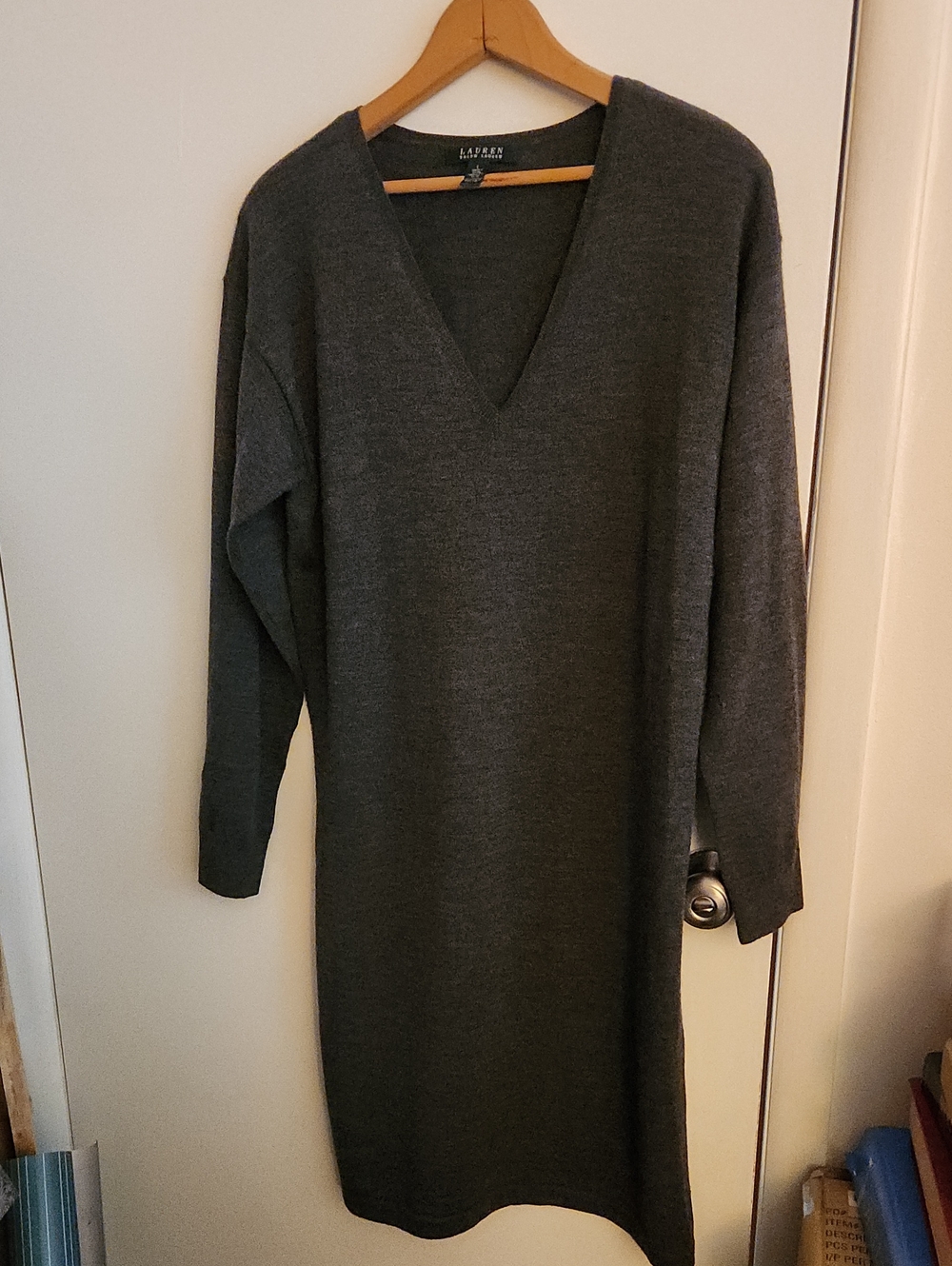 Lauren Ralph Lauren Dark Charcoal V-Neck Knit Sweater Dress Large NWT